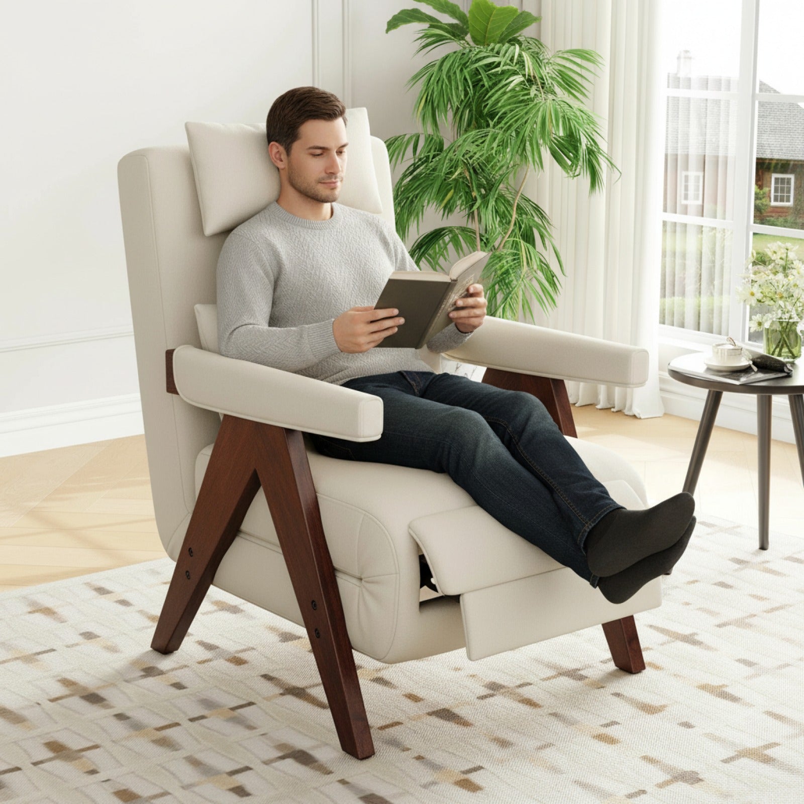 Fauteuil convertible 3-en-1 HAUSS SPOLE beige, tissu lin, repose-pieds intégré