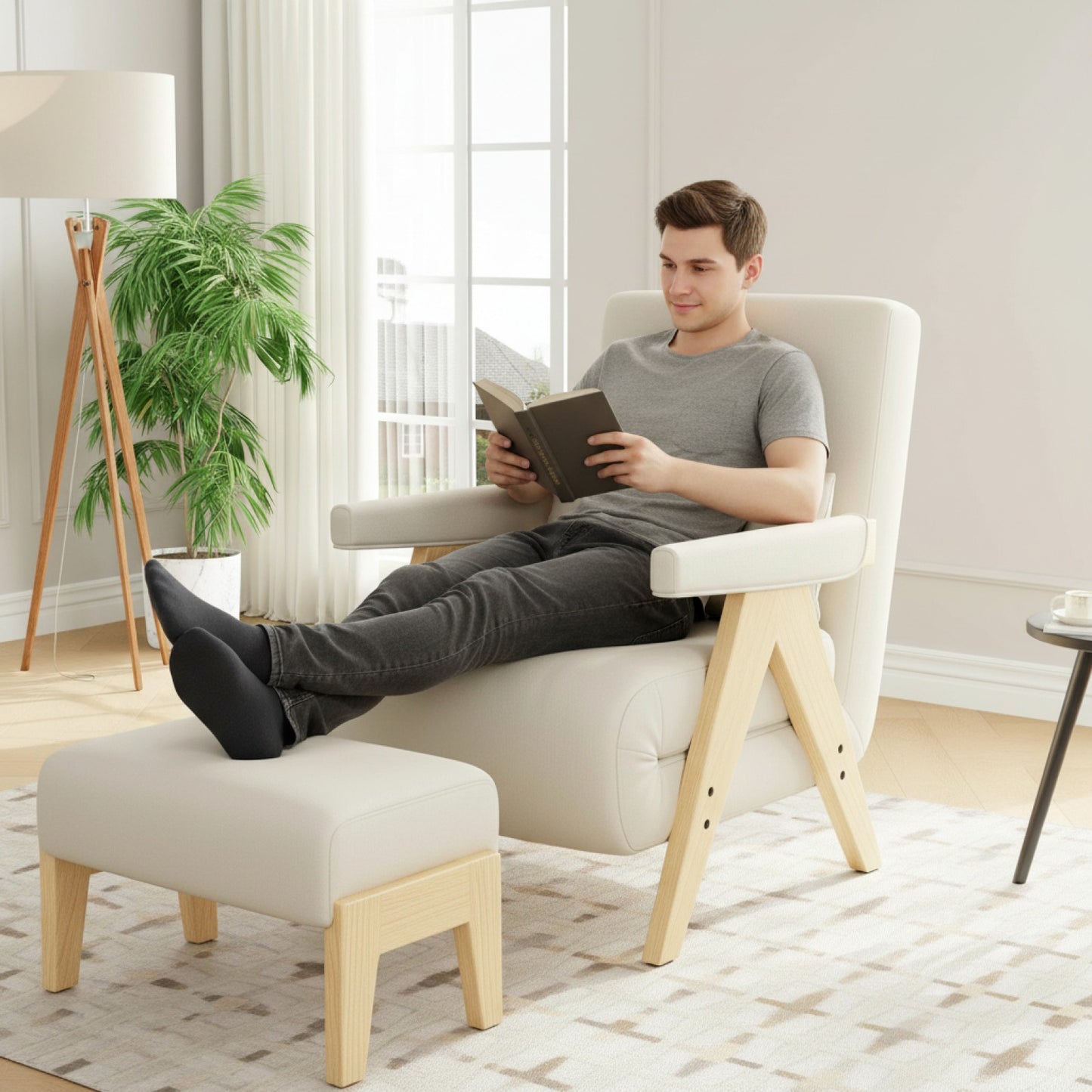 Fauteuil Convertible 3-en-1 en Lin Beige - Dossier Réglable 6 Positions, Coussin Inclus - MODFU 87x64x60cm