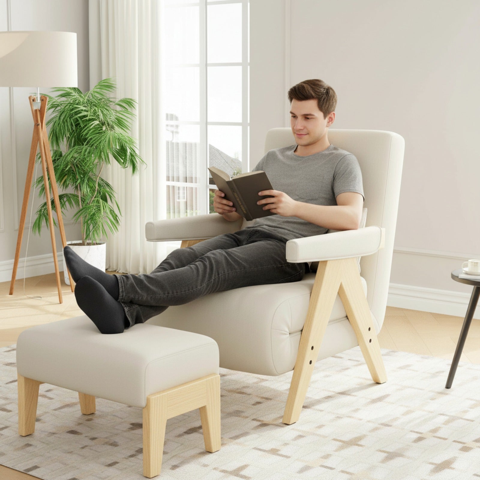 Fauteuil Convertible 3-en-1 en Lin Beige - Dossier Réglable 6 Positions, Coussin Inclus - MODFU 87x64x60cm