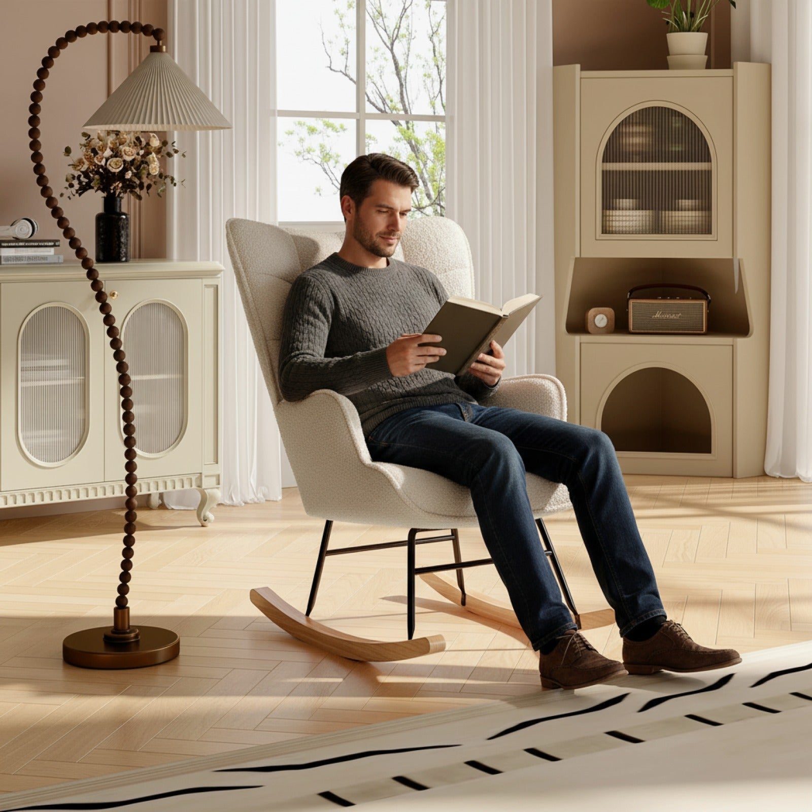 Fauteuil à Bascule Fangange Confortable - Gris - Tissu Teddy & Bois Massif