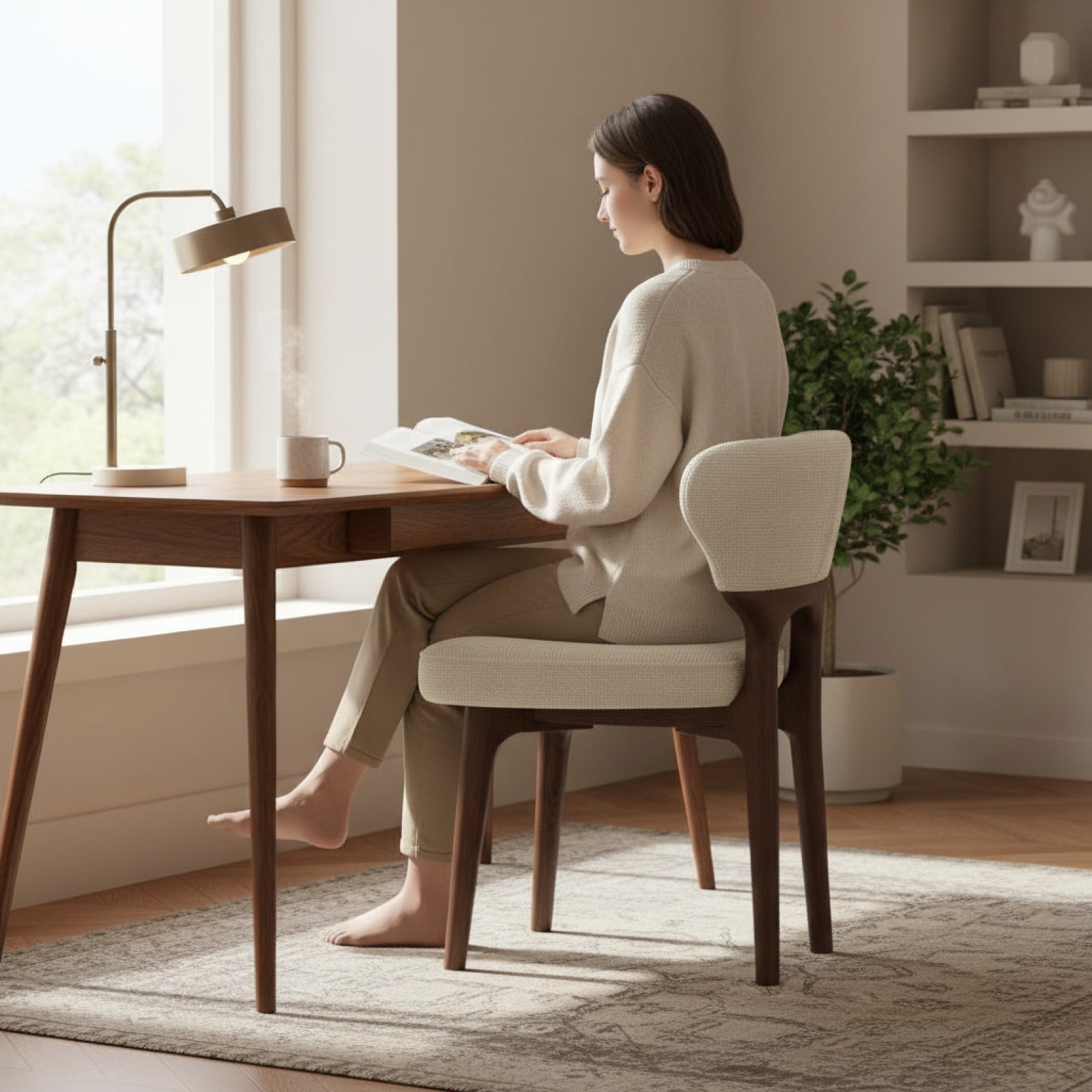 Lot de 2 Fauteuils de Salle à Manger en Bois Massif, Assise Confortable en Tissu Chenillé, Style Moderne Beige Clair