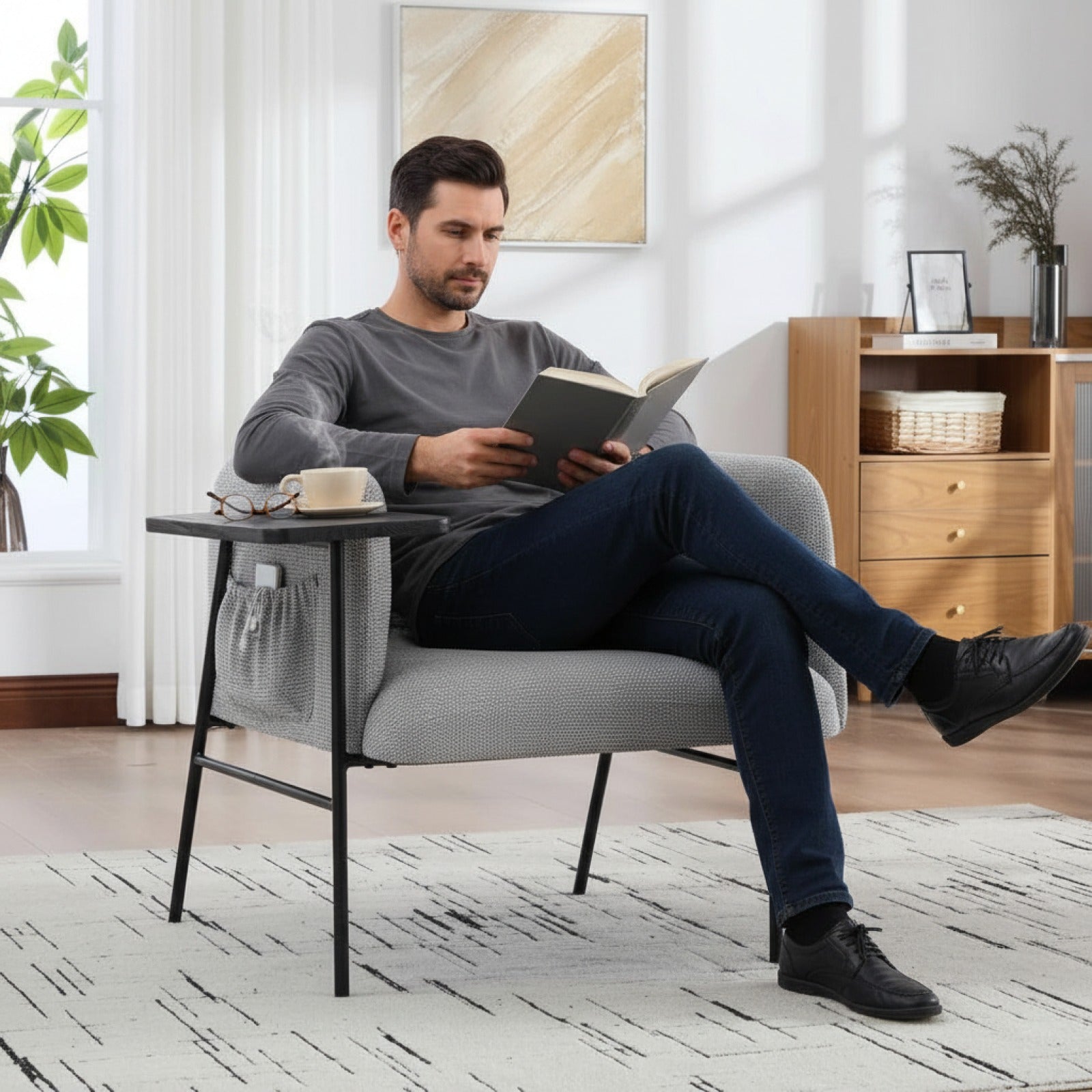 Fauteuil Moderne Gris Clair avec Table d'appoint intégrée et Poches de Rangement
