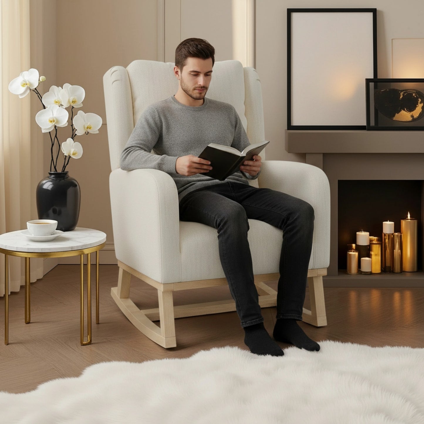 Fauteuil d'allaitement Comanlai en lin, confortable avec coussin lombaire et poches latérales