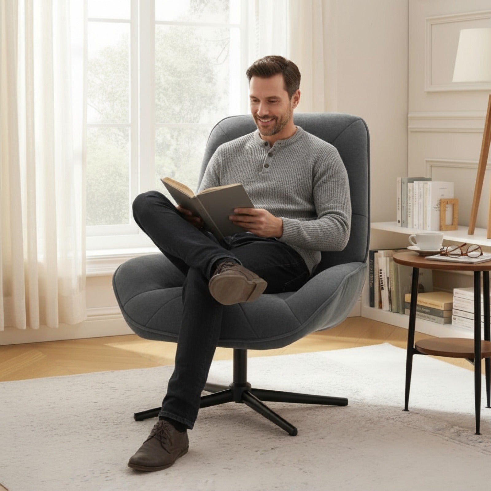 Fauteuil d'appoint pivotant en chenille gris foncé avec coussin lombaire