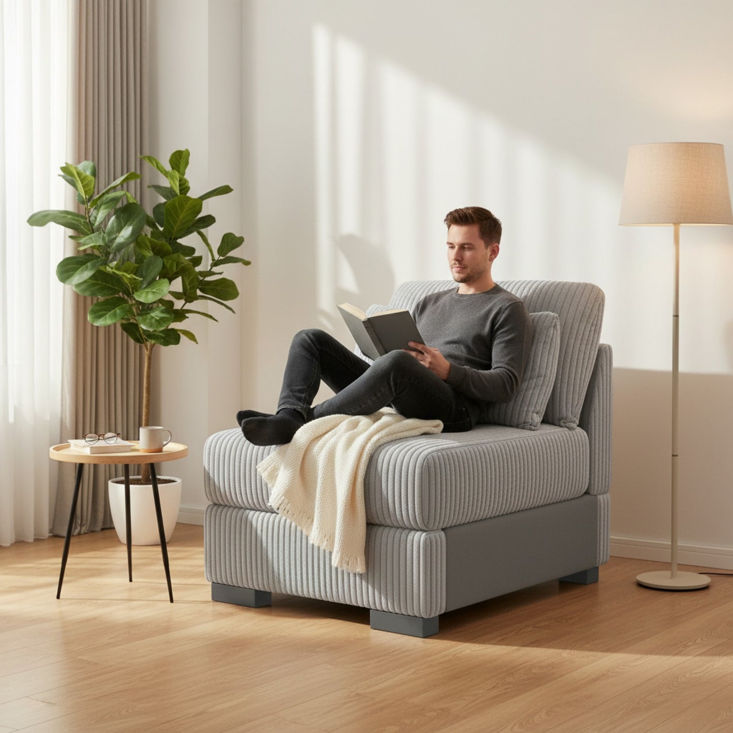 Fauteuil Convertible Velours Gris Confortable 1 Place - Style Moderne