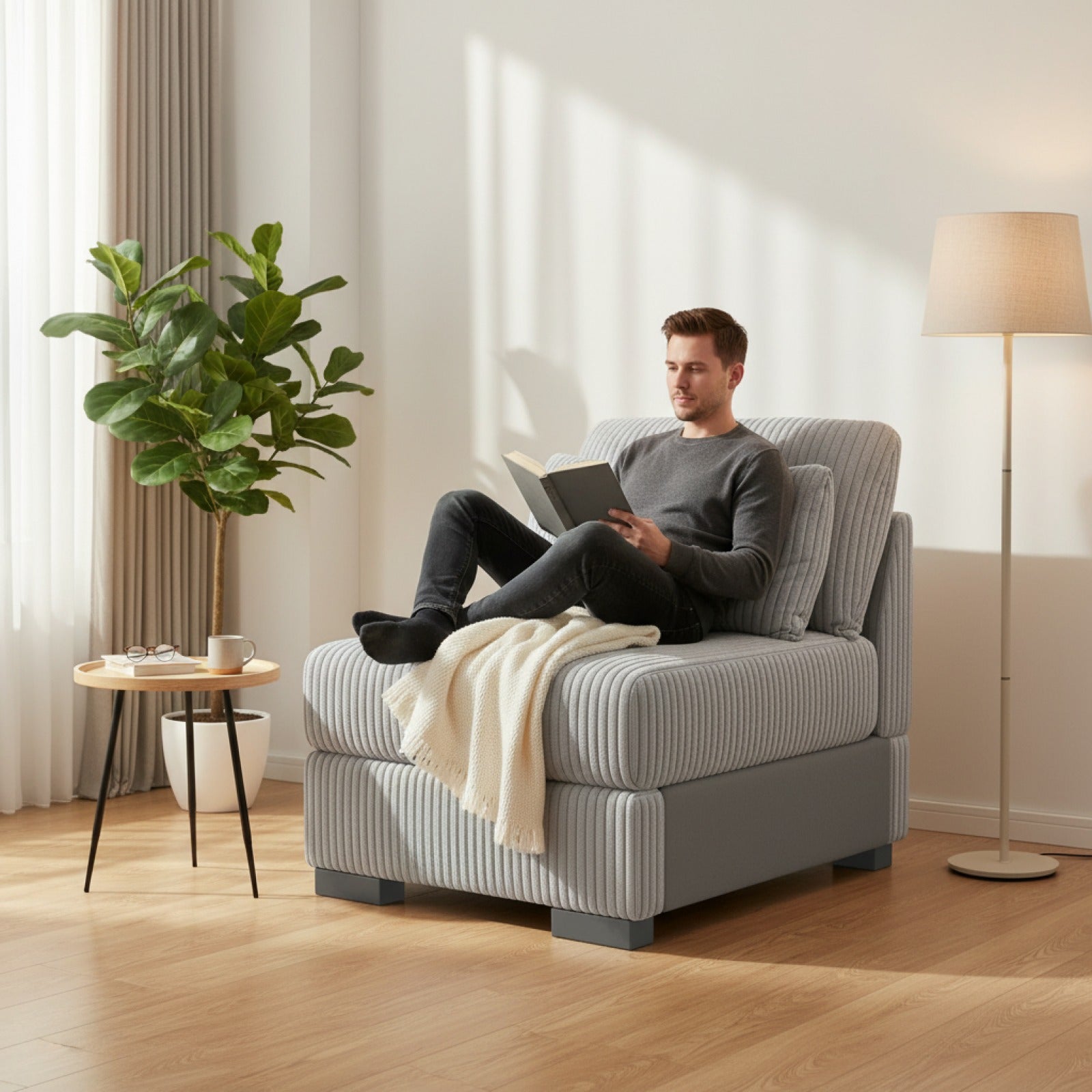 Fauteuil Convertible Velours Gris Confortable 1 Place - Style Moderne
