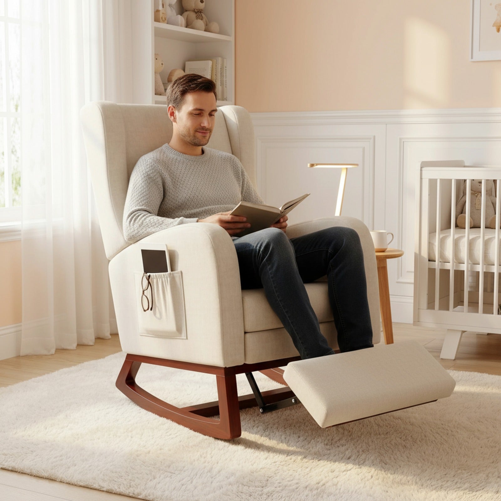 Fauteuil à Bascule Superaly Confortable avec Repose-pieds et Poches Latérales - Beige