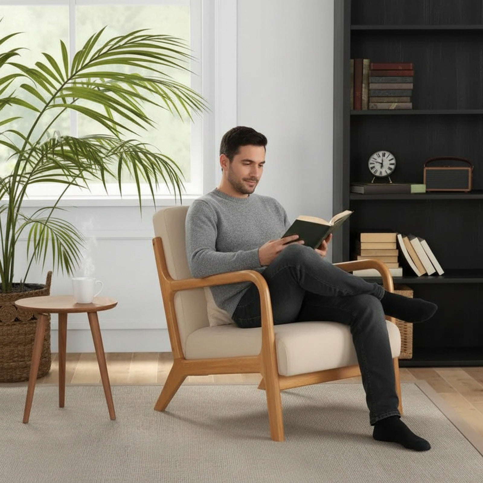 Fauteuil Lounge en Bois d'Hévéa et Velours Beige - Confort et Design Zen (61x78x76cm)