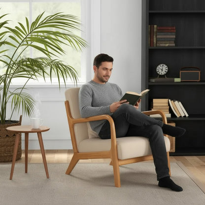 Fauteuil Lounge en Bois d'Hévéa et Velours Beige - Confort et Design Zen (61x78x76cm)