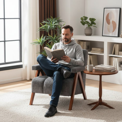 Fauteuil Bouclé Gris avec Pieds en Bois Massif - Style Moderne