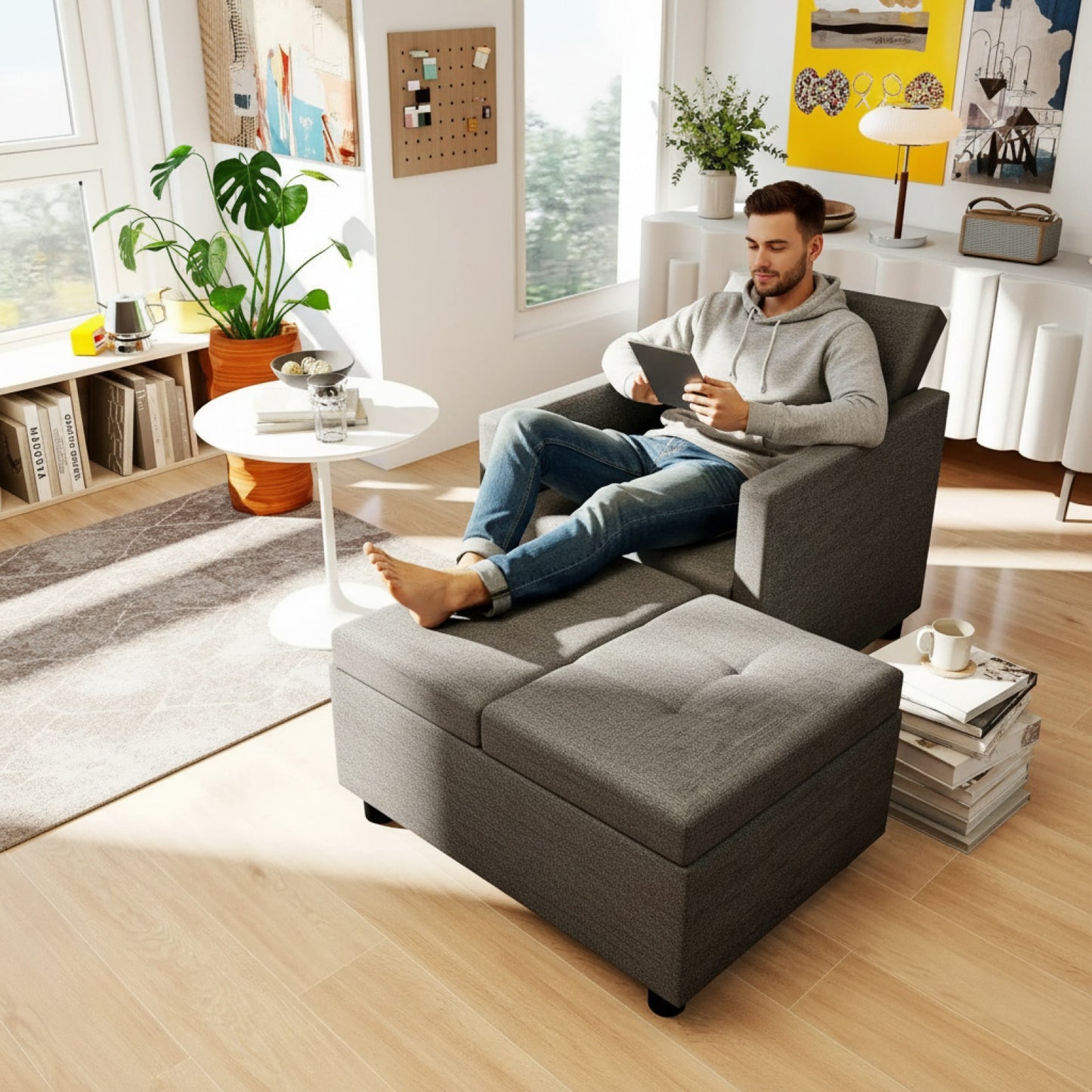 Fauteuil Convertible Gris 2-en-1 : Canapé Lit Confortable et Gain de Place