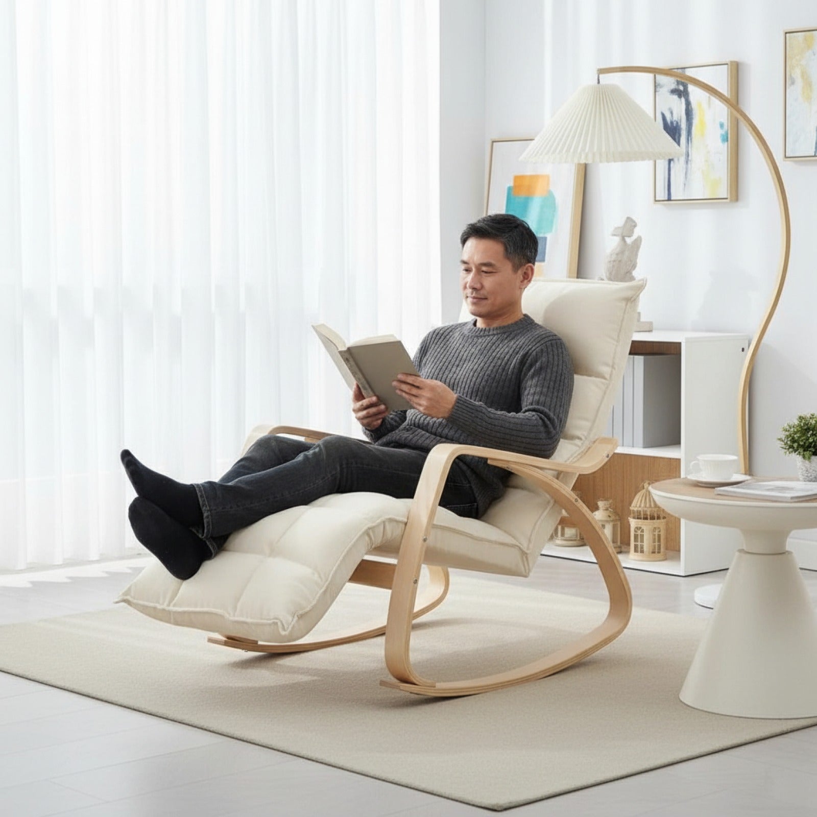 Fauteuil à bascule confortable en lin, avec repose-pieds réglable, pour salon et chambre, blanc crème