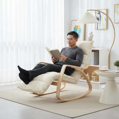 Fauteuil à bascule confortable en lin, avec repose-pieds réglable, pour salon et chambre, blanc crème