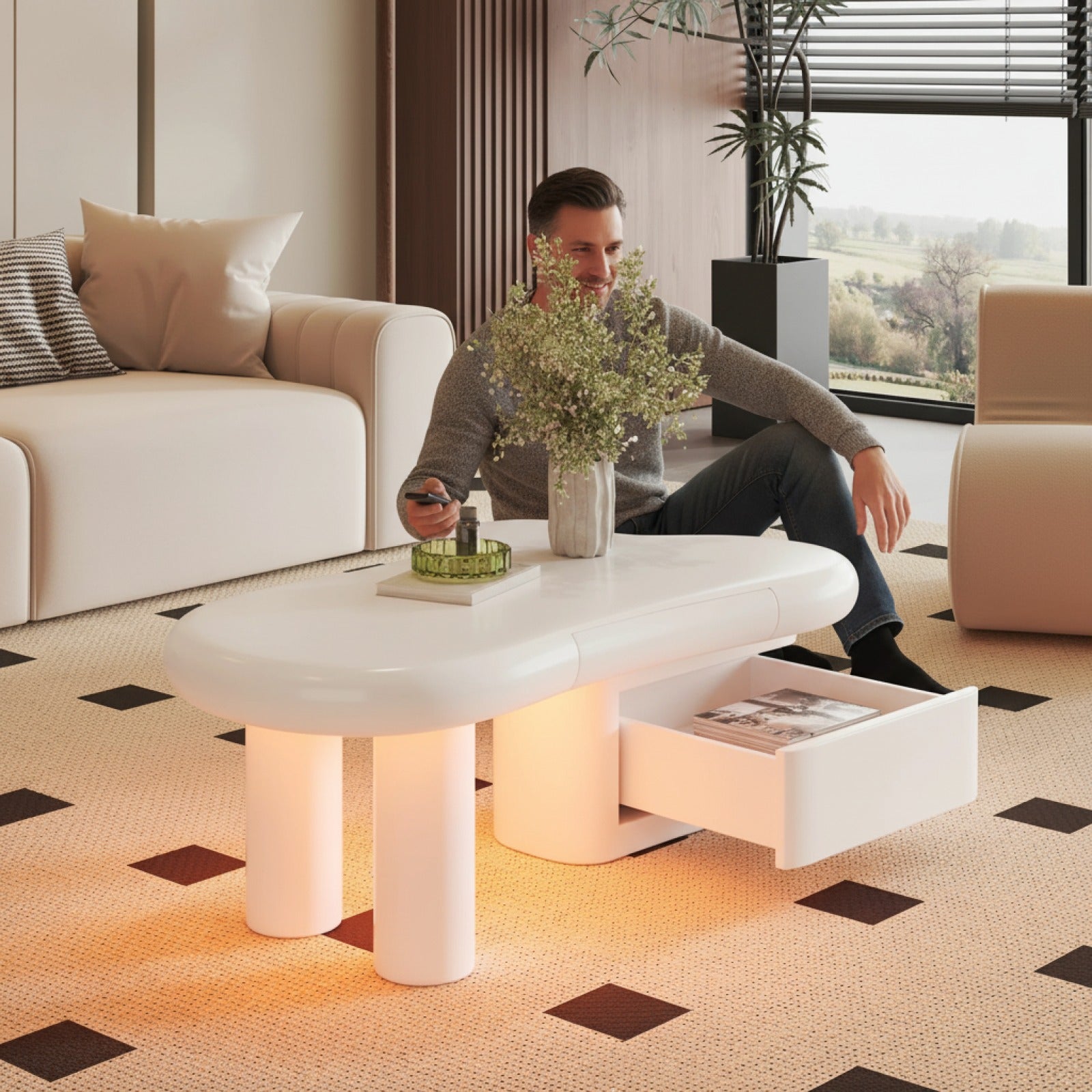 Table Basse Nuage Design Scandinave avec LED 16 Couleurs et Tiroir Rangement Blanc