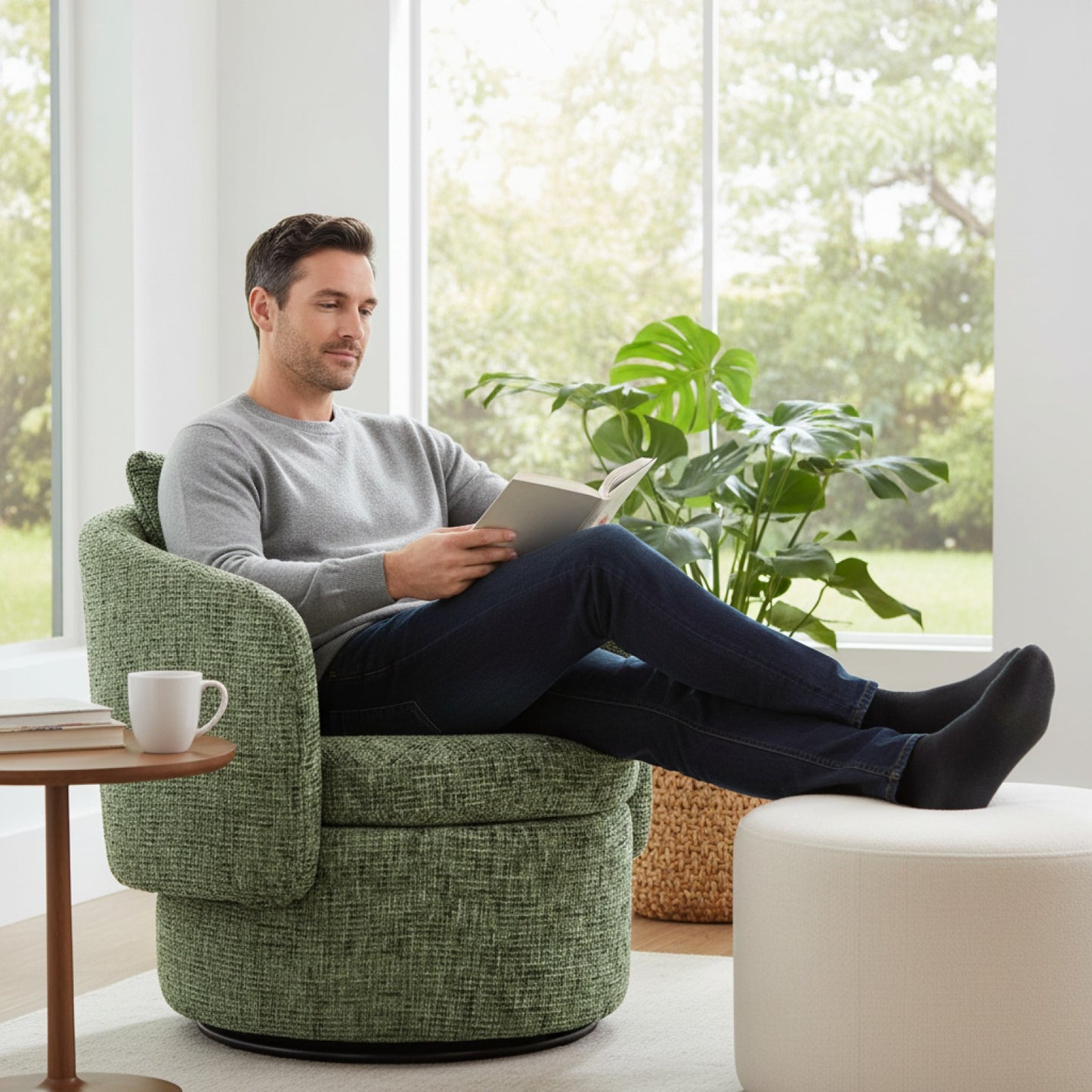 Fauteuil Vert Pivotant 360° avec Rangement Caché et Coussin Confortable