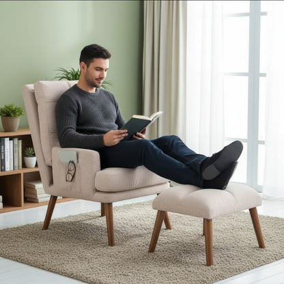 Fauteuil Lounge Confortable avec Repose-Pieds et Poche Latérale - Design Moderne, Bois Massif