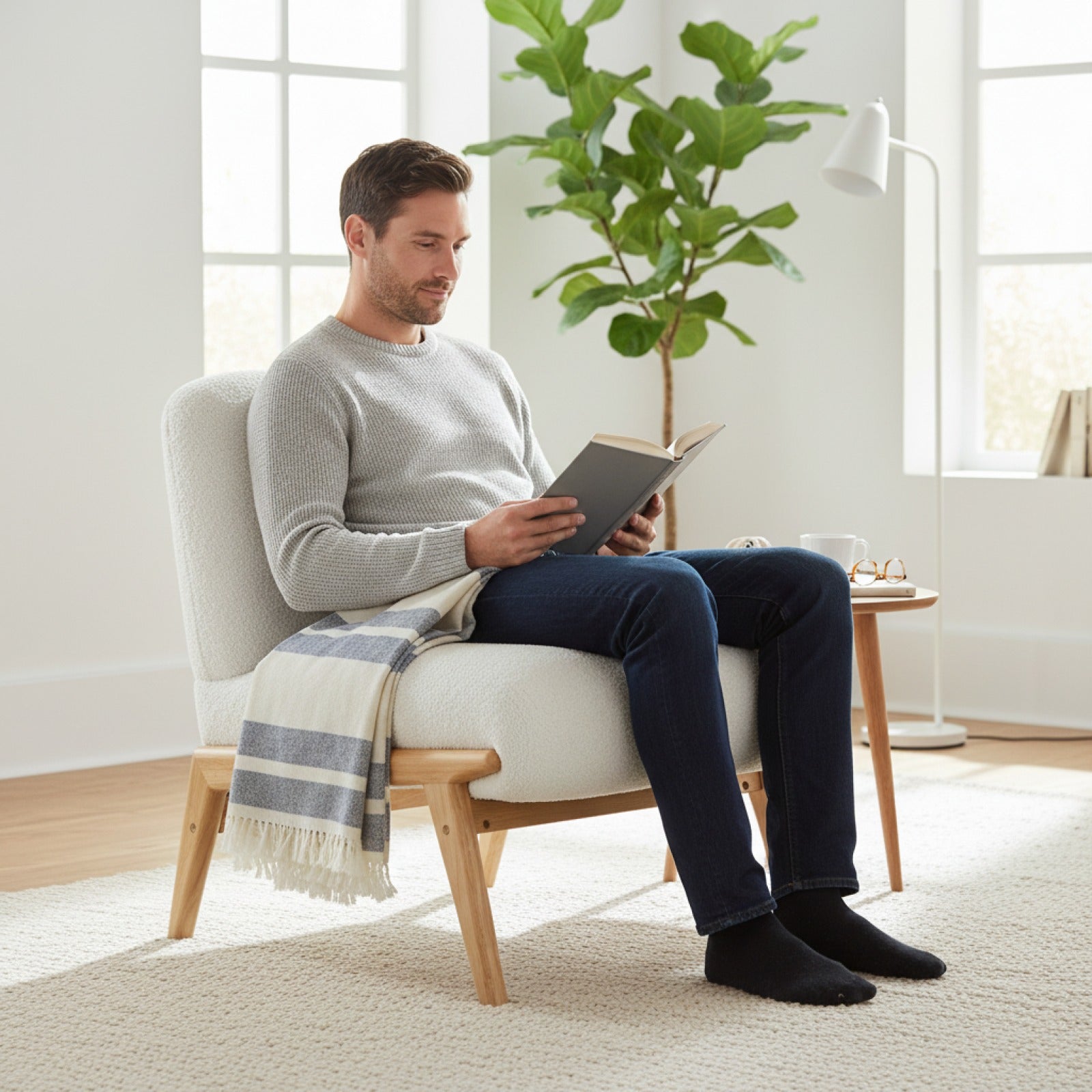 Fauteuil Lounge Scandinave en Velours Chenille Ivoire - Pieds Bois Massif