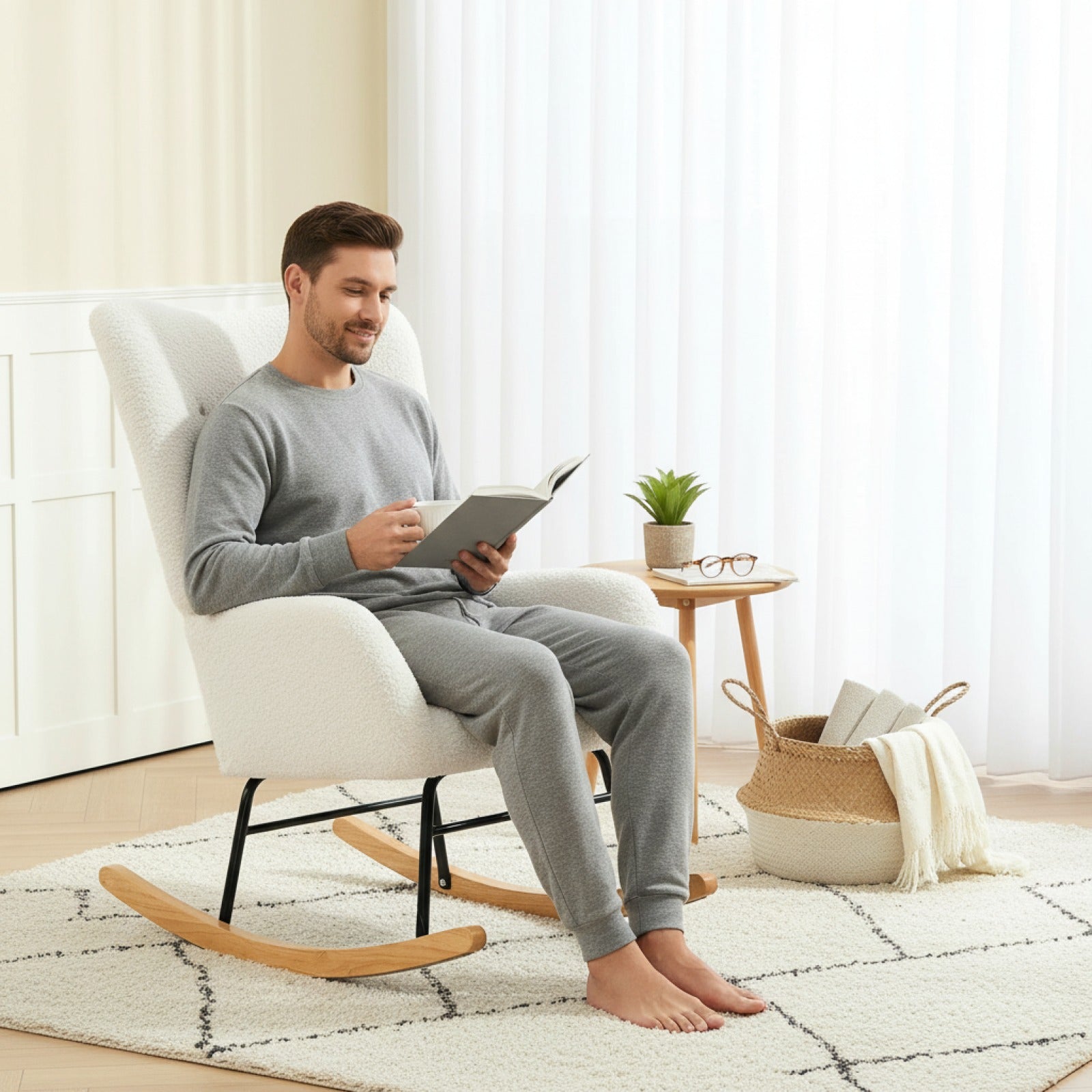 HOMCOM Fauteuil à Bascule Moderne en Laine Bouclée Crème - Confort & Design pour Salon