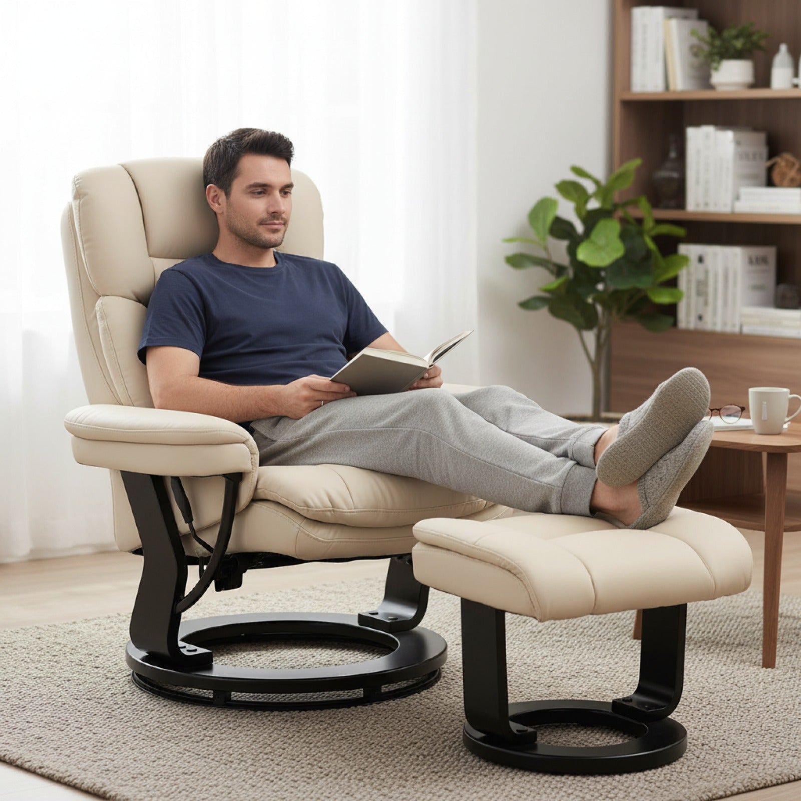 HOMCOM Fauteuil de Salon Pivotant et Inclinable en PU Crème avec Repose-pieds - Confort Optimal