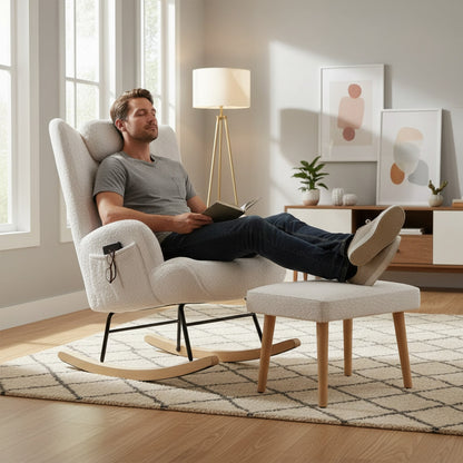 Fauteuil "Together" en tissu Teddy crème avec repose-pieds et poche latérale
