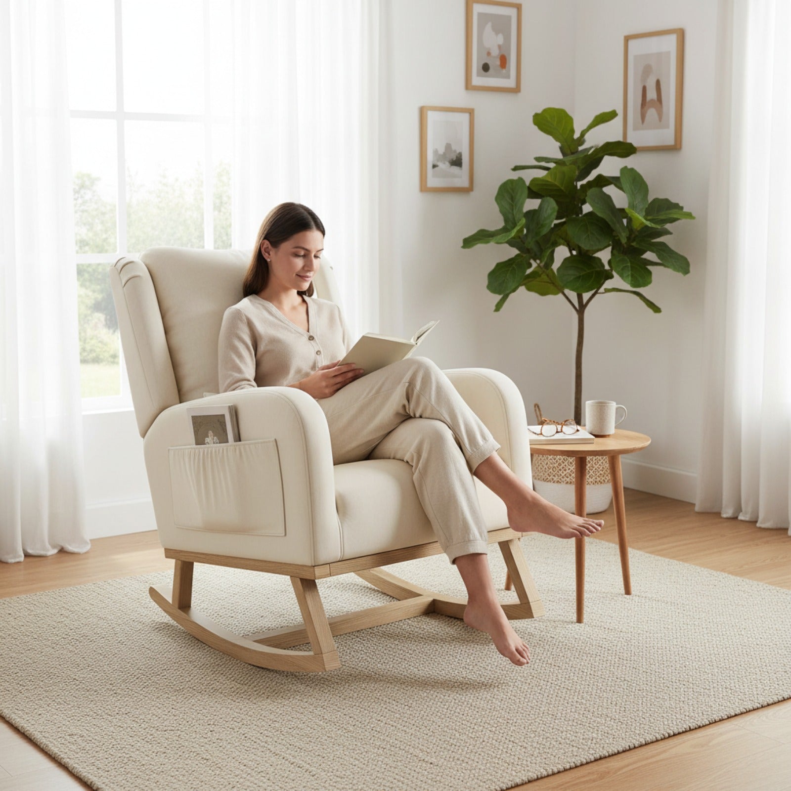 Fauteuil à Bascule Superaly avec Coussin Confortable, Poches Latérales - Idéal Salon & Chambre