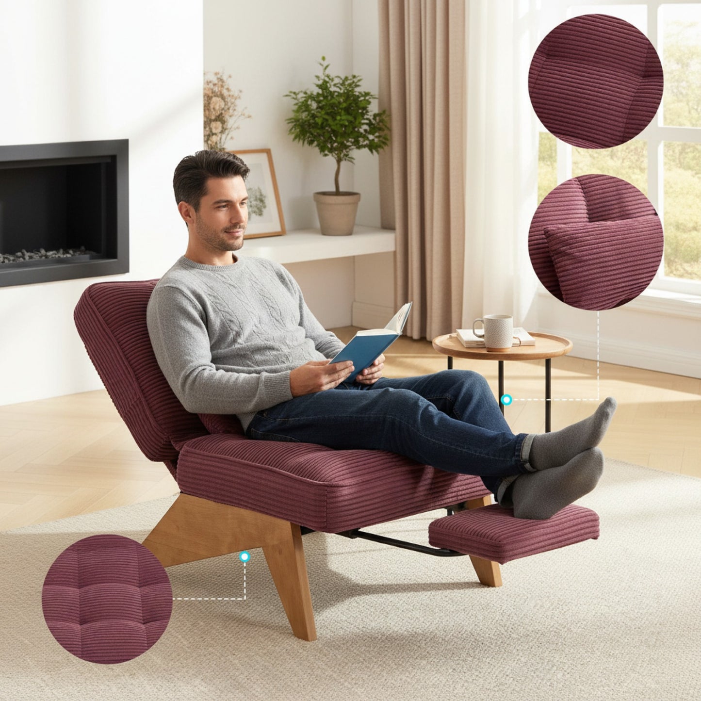 Fauteuil Lounge Côtelé Moderne avec Repose-pieds et Coussin Lombaire - Bois Massif