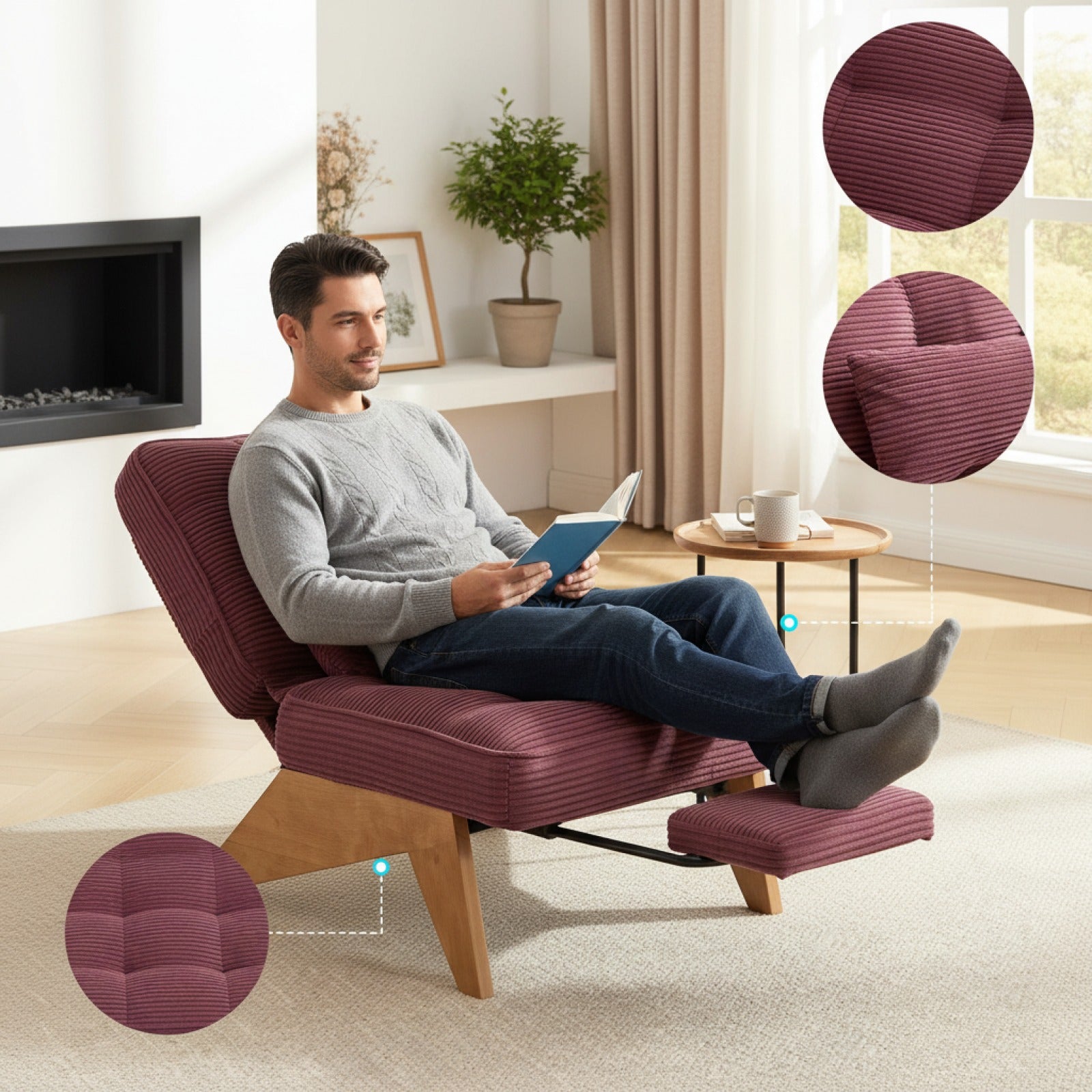 Fauteuil Lounge Côtelé Moderne avec Repose-pieds et Coussin Lombaire - Bois Massif