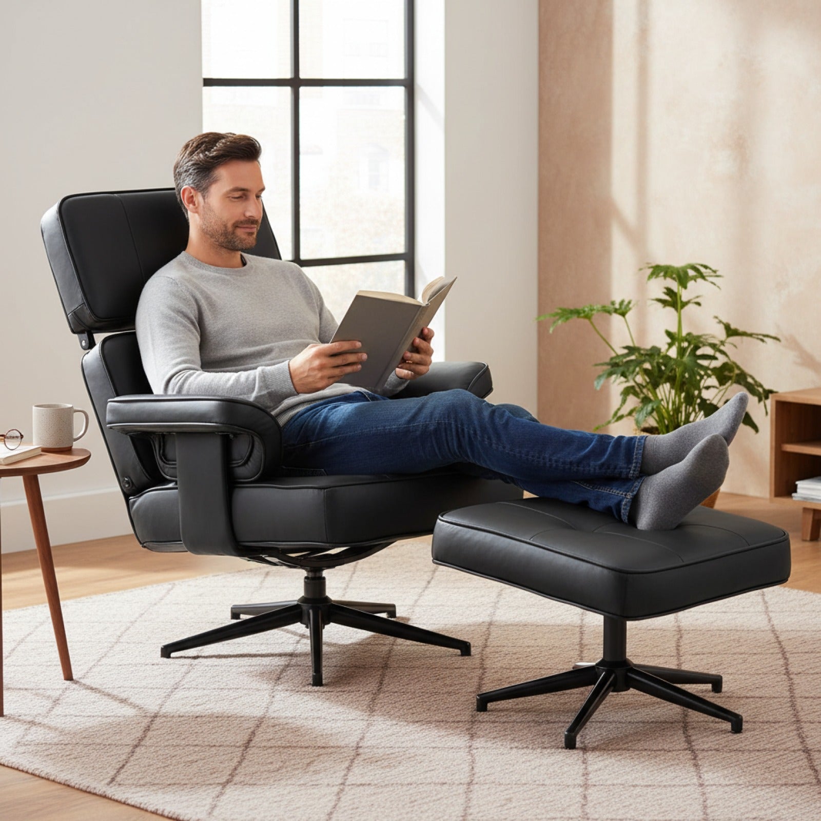 Fauteuil Relax en Similicuir Noir avec Repose-Pieds - Design Moderne et Confortable
