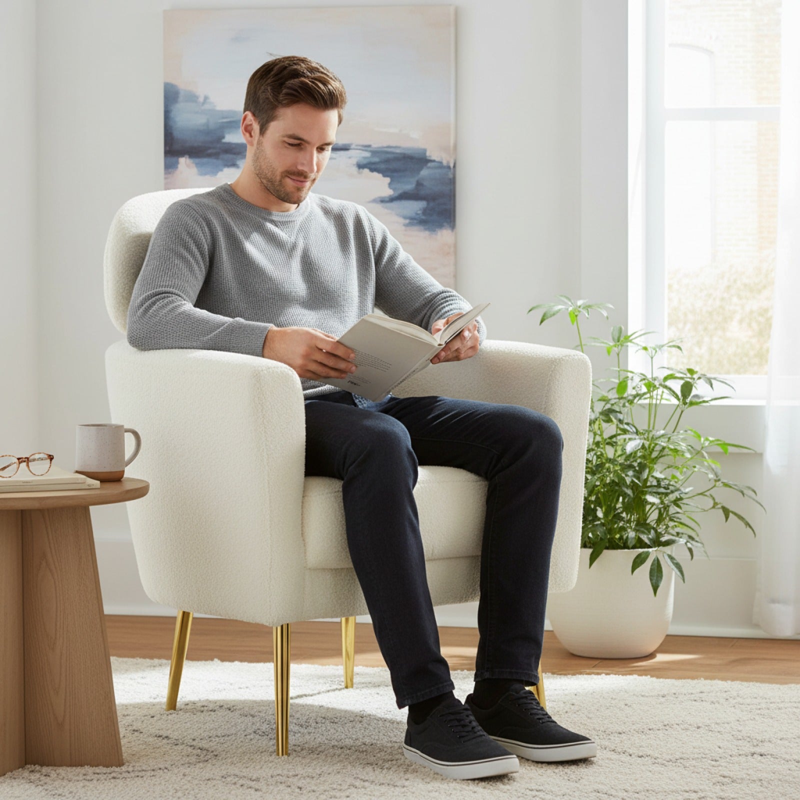 Fauteuil HOMCOM design moderne en tissu peluche, pieds métal doré, repose-tête amovible