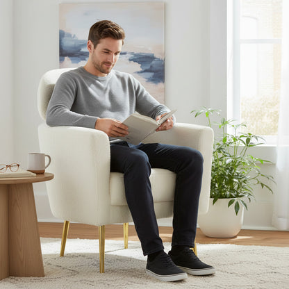 Fauteuil HOMCOM design moderne en tissu peluche, pieds métal doré, repose-tête amovible