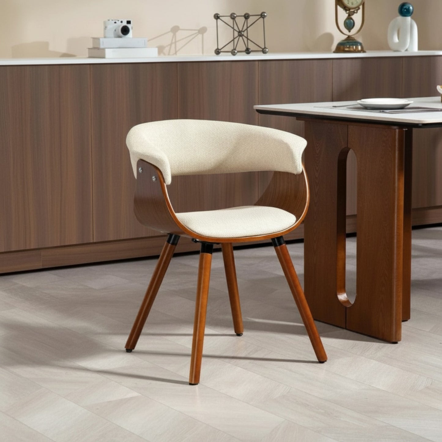 Fauteuil de salle à manger et de cuisine, aspect lin, beige, pieds en bois