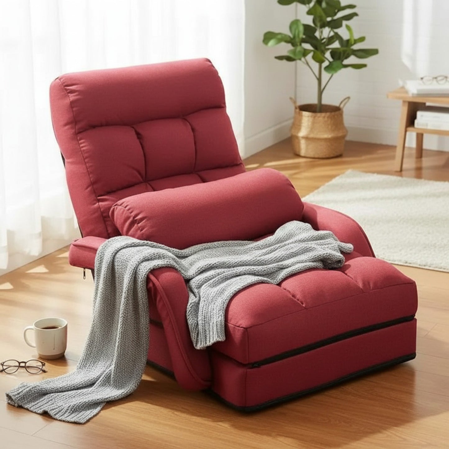 Fauteuil Pliant Lazy Rouge avec Accoudoirs et Coussin - Confortable et Pratique