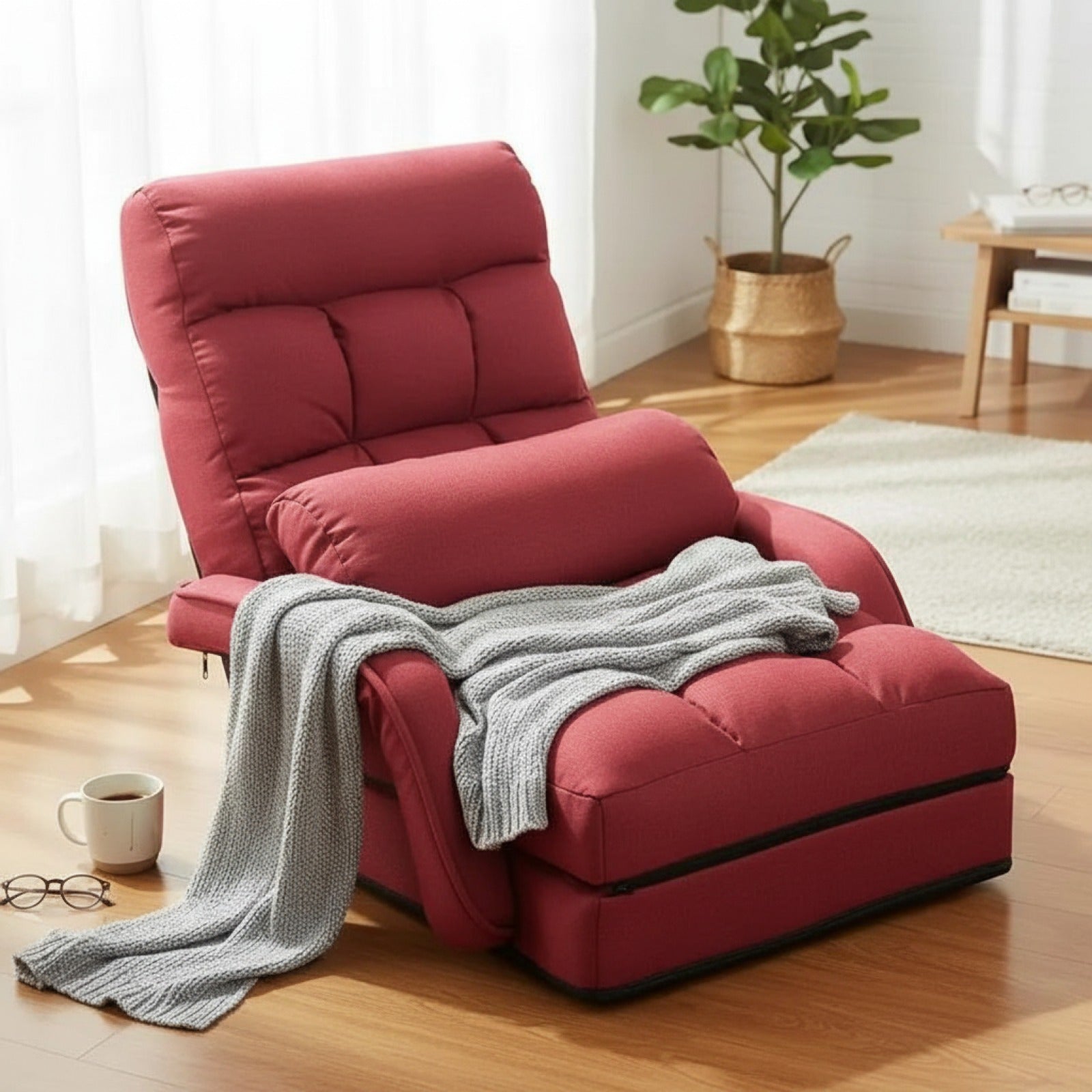 Fauteuil Pliant Lazy Rouge avec Accoudoirs et Coussin - Confortable et Pratique