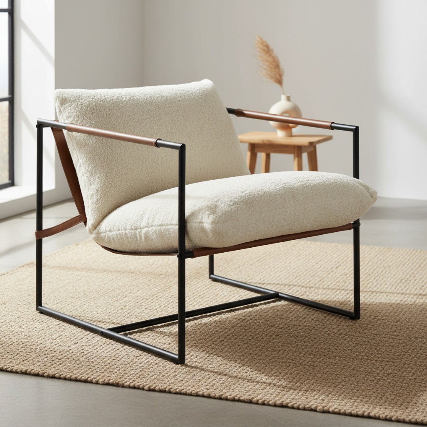 Fauteuil Salon HOMCOM Confortable Assise Large Tissu Bouclé Crème Structure Acier