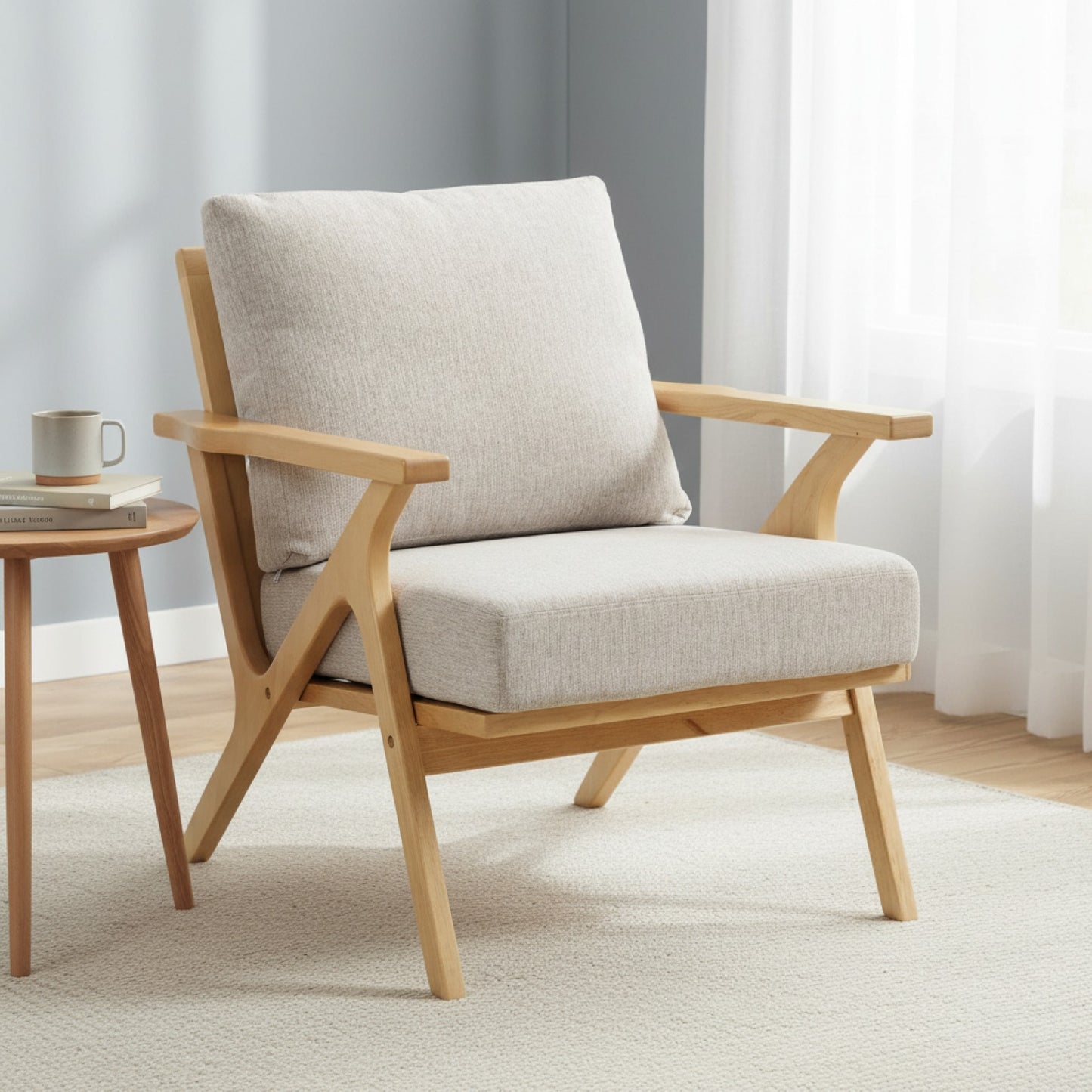 Fauteuil Scandinave HOMCOM en Tissu Beige avec Coussin Épais et Pieds en Hévéa