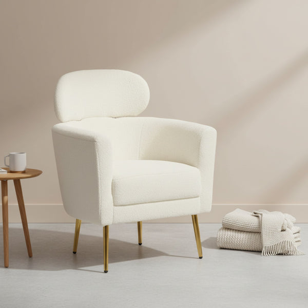 Fauteuil HOMCOM design moderne en tissu peluche, pieds métal doré, repose-tête amovible