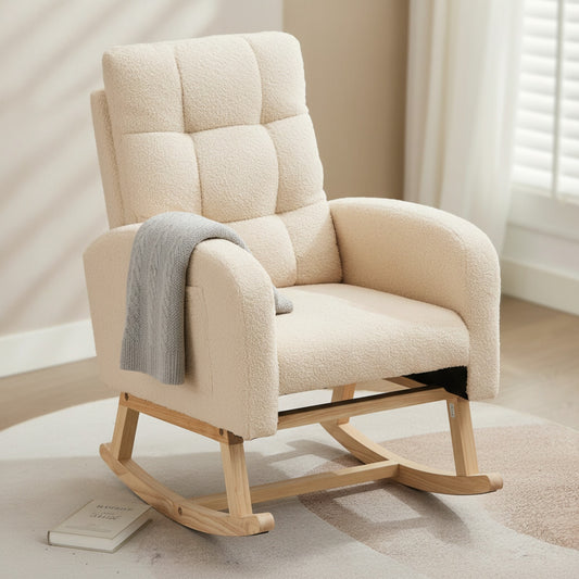 Fauteuil à bascule HOUSE SPOLE en Velours Teddy avec support de jambe caché et accoudoirs - Beige