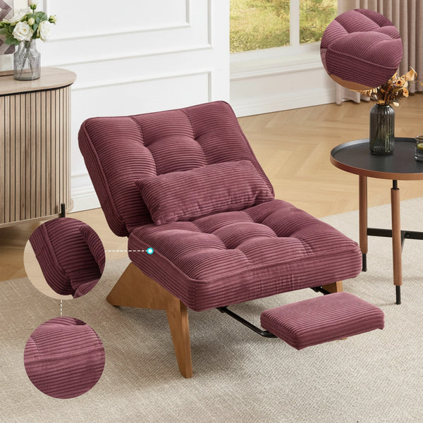 Fauteuil Lounge Côtelé Moderne avec Repose-pieds et Coussin Lombaire - Bois Massif