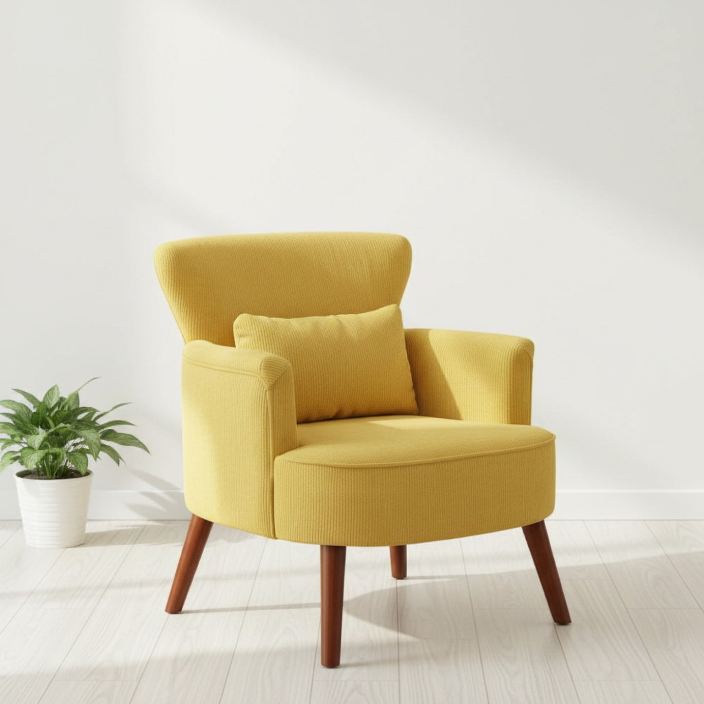 Fauteuil Moderne Jaune Rembourré avec Coussin Lombaire et Pieds en Bois