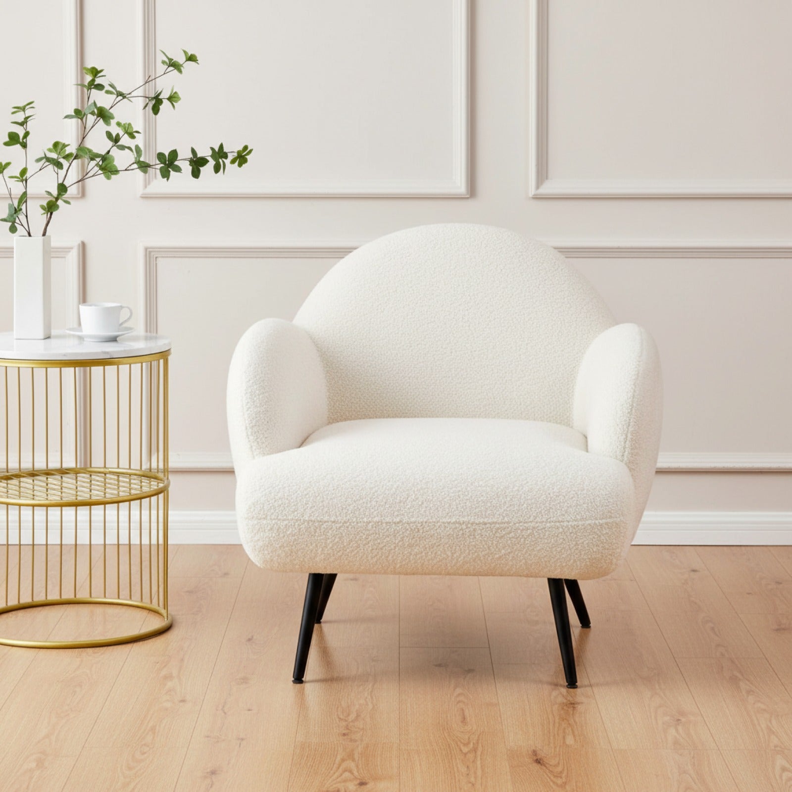 Fauteuil Blanc Moderne en Tissu Teddy avec Pieds Métal Noir - Confort et Style pour Salon