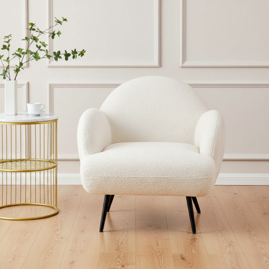 Fauteuil Blanc Moderne en Tissu Teddy avec Pieds Métal Noir - Confort et Style pour Salon