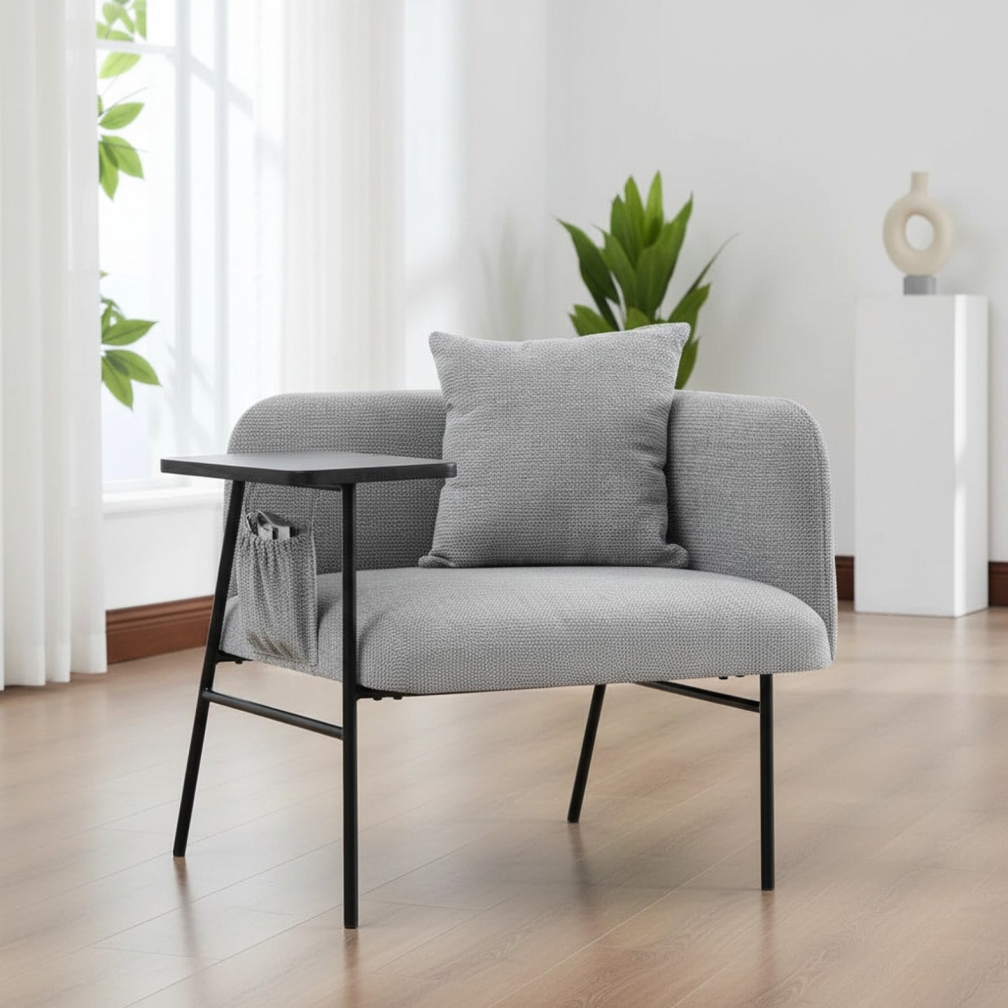 Fauteuil Moderne Gris Clair avec Table d'appoint intégrée et Poches de Rangement