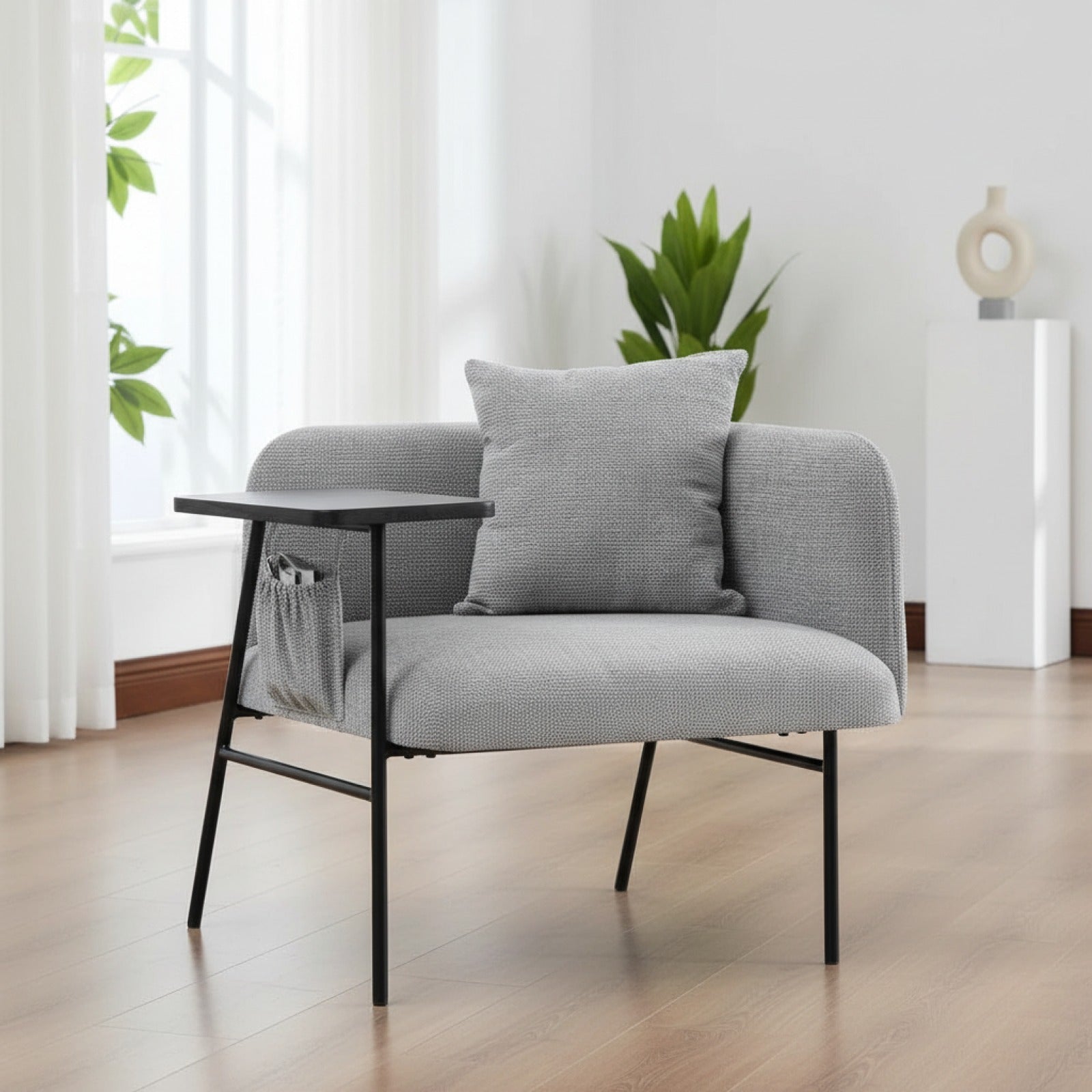 Fauteuil Moderne Gris Clair avec Table d'appoint intégrée et Poches de Rangement