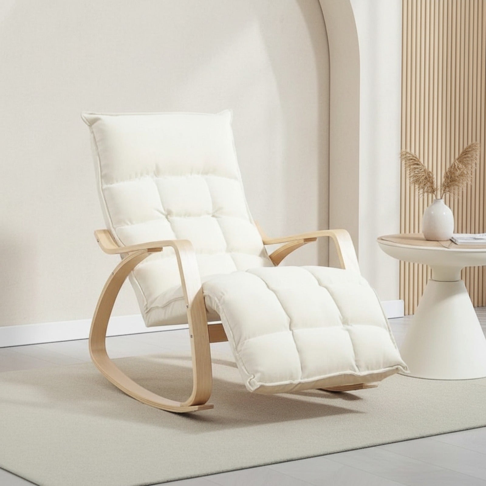 Fauteuil à bascule confortable en lin, avec repose-pieds réglable, pour salon et chambre, blanc crème