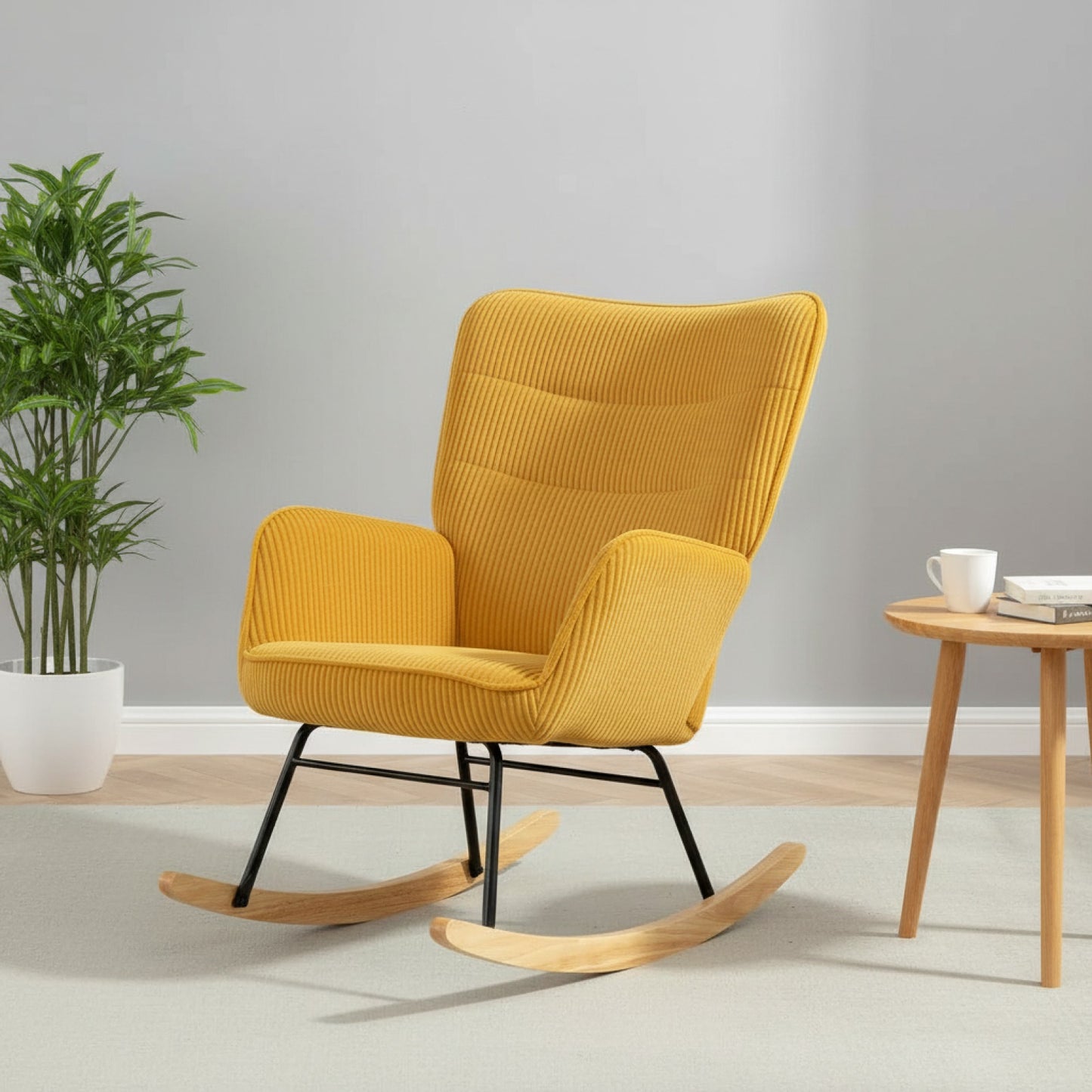 Fauteuil à Bascule Jaune Confortable avec Accoudoirs et Pieds en Bois