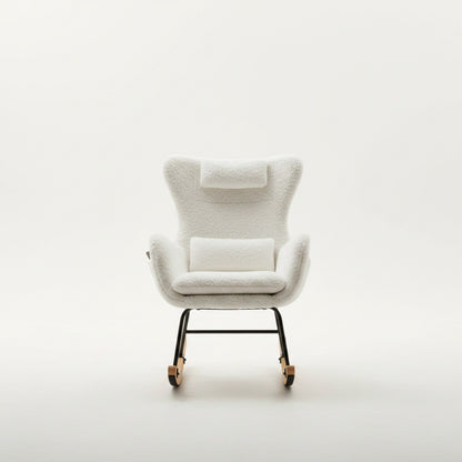 Fauteuil à bascule design en tissu teddy beige, avec repose-tête et coussin lombaire
