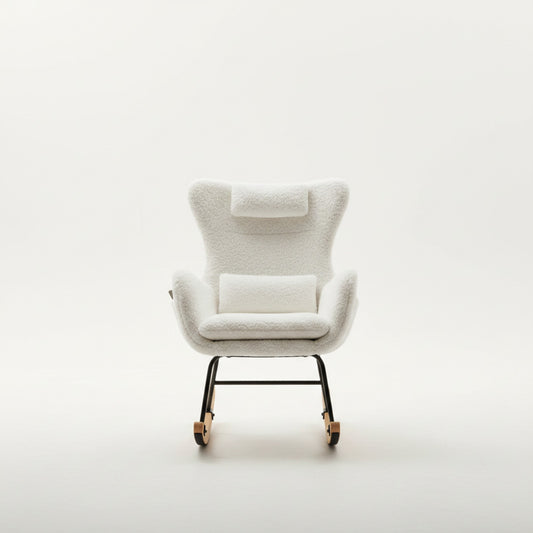 Fauteuil à bascule design en tissu teddy beige, avec repose-tête et coussin lombaire