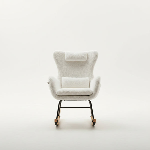 Fauteuil à bascule design en tissu teddy beige, avec repose-tête et coussin lombaire