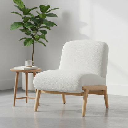 Fauteuil Lounge Scandinave en Velours Chenille Ivoire - Pieds Bois Massif