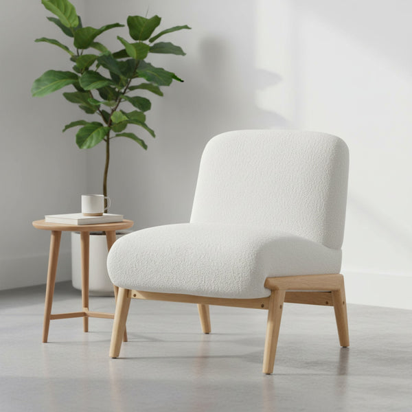 Fauteuil Lounge Scandinave en Velours Chenille Ivoire - Pieds Bois Massif